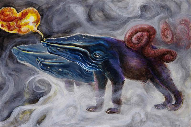 Tre Combustaptera, worm tailed smokers, 2025, acrylic on canvas, 24x36”, whale headed, baby bear bodied, worm tailed chimera engulfed in smoke and spewing fire.