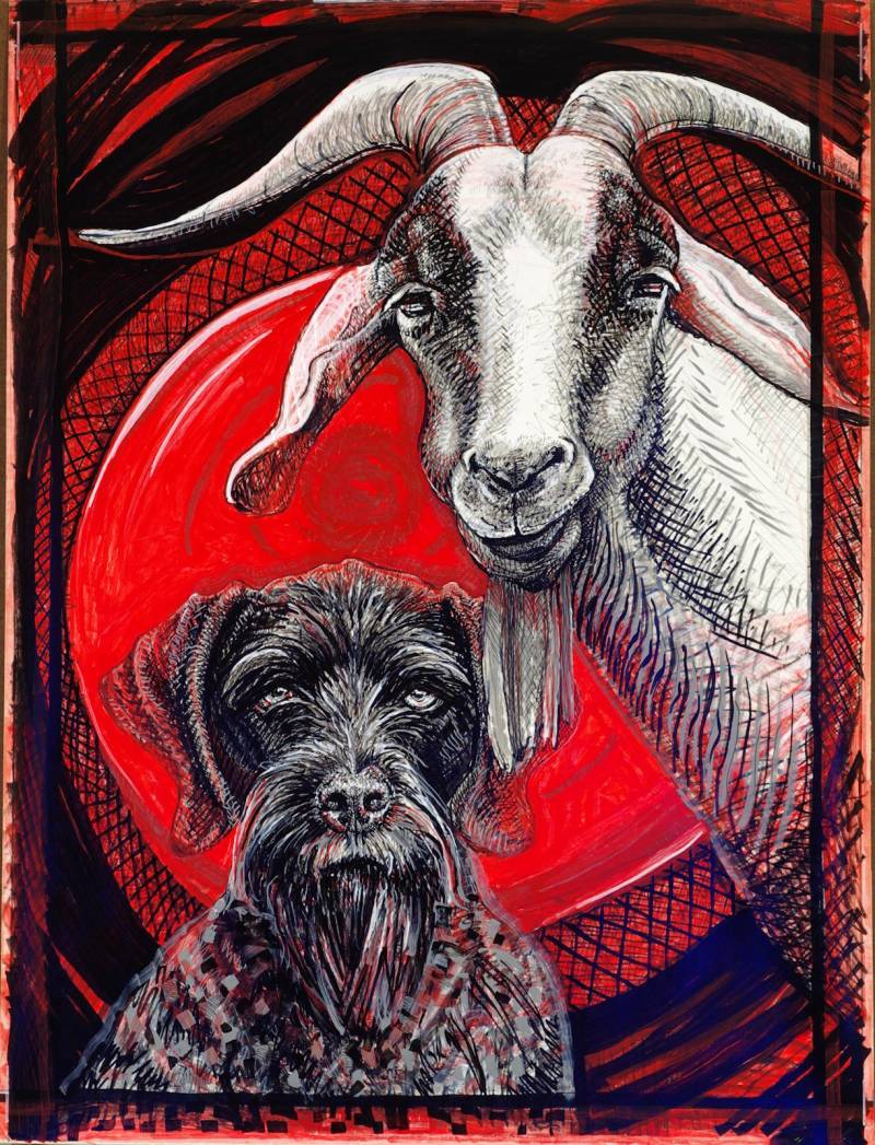 eclipse 2, under the blood red moon, is a paint pen drawing of a dog and goat facing forward with a stylized blood red moon looming behind them.