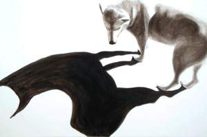 Dog/Alpaca, dog studies, high contrast black acrylic pai;ting of dog and its shadow by Elizabeth Lisa Petrulis