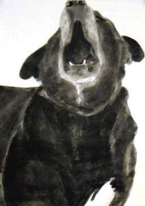 Doug speaks 2, Dog Studies, high contrast black and white acrylic painting featuring open dog mouth by Elizabeth Lisa Petrulis