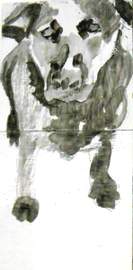 Mookie Wilson in snow, Dog Studies, High Contrast black acrylic painting, qquickly brushed by Elizabeth Lisa Petrulis
