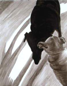 Shadow legs,dog studies, high contrast black and white acrylic painting, Elizabeth Lisa Petrulis