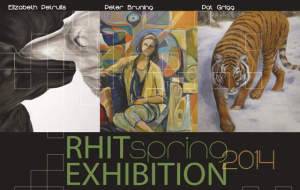 Rose-Hulman postcard invitation with "Brothers" from Dog Studies, by Elizabeth Lisa Petrulis, and work by two other artists.