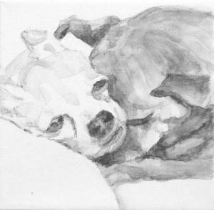 intimate portrait of two Chihuahua dogs snuggling. Black and white acrylic painting by Elizabeth Lisa Petrulis.