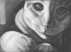 close up cat portrait, high contrast black and white painting by Elizabeth Petrulis