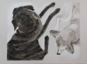 An intimate portrait of two dogs laying with bodies facing each other but each looking away. Black and white acrylic painting by Elizabeth Lisa Petrulis