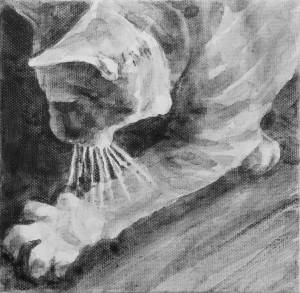 Intimate pet portrait showing a outstretched arm with a splay of cat paw and whiskers. Black and white acrylic painting by Elizabeth Lisa Petrulis
