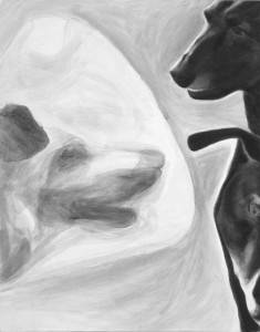 an intimate portrait of three dogs, two dark and the other a pale ghostly visage seen through his translucent medical collar. a high contrast black and white acrylic painting by Elizabeth Lisa Petrulis