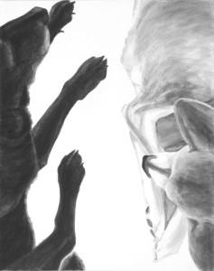 intimate view of two dogs laying facing each other. focusing on the contrasting light and dark limbs and snouts. a high contrast black and white acrylic painting by Elizabeth Lisa Petrulis.
