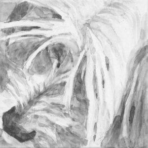 dog portrait, close up view of fringe bangs over eyes and nose. Chinese Crested head. black and white acrylic painting by Elizabeth Lisa Petrulis