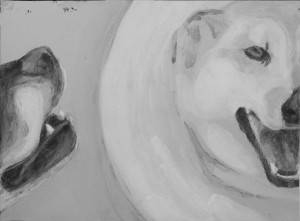 intimate portrait of two dogs focusing on the muzzles. Black dog speaks in side view as white dog responds looking head on in a medical collar . high contrast acrylic painting by Elizabeth Lisa Petrulis