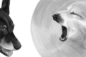 a black dog mouth relaxed open, faces a white dog yawning from within a medical collar. a high contrast acrylic painting by Elizabeth Lisa Petrulis