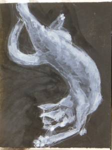 cat arches backward, arm stretched, paw spread, tail counter arched. High contrast acrylic sketch by Elizabeth Lisa Petrulis.