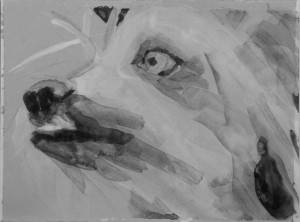 intimate portrait head of a Chinese Crested dog, quick acrylic painting by Elizabeth Petrulis