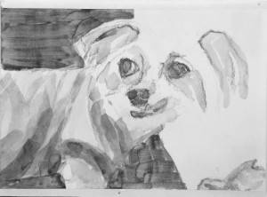 dog portrait with turtle, high contrast acrylic painting/drawing by Elizabeth Lisa Petrulis