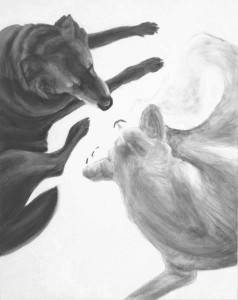 high contrast black and white acrylic painting of a light and a dark dog facing each other by Elizabeth Petrulis