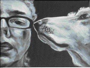 up close portrait of woman who faces forward and dog seen in profile with nose at woman's eyeglass