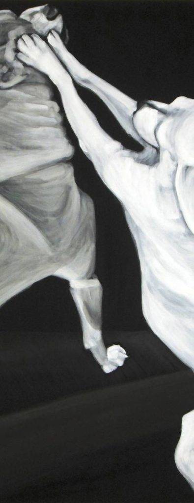 detail of chihuahua body edges, and black ground, in the acrylic painting Chihuahua Legs