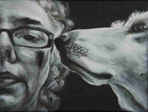 black and white up close portrait of woman who faces forward and a dog seen in profile with nose at woman's eyeglass, acrylic painting by Elizabeth Lisa Petrulis