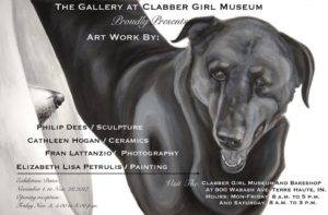 post card for 4 artist show 2017 at the Gallery at Clabber Girl Museum featuring the image of the painting "Megaphone, from the Medical Collar Series, by Elizabeth Petrulis