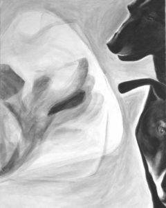 successive images showing changes to the black and white acrylic painting "Ghost" from 2015 to 2017 by Elizabeth Lisa Petrulis