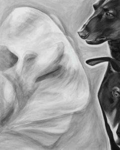 Black and white acrylic painting of three dogs, one seen through a translucent medical collar. A close up of 3 faces two in profile one straight forward.