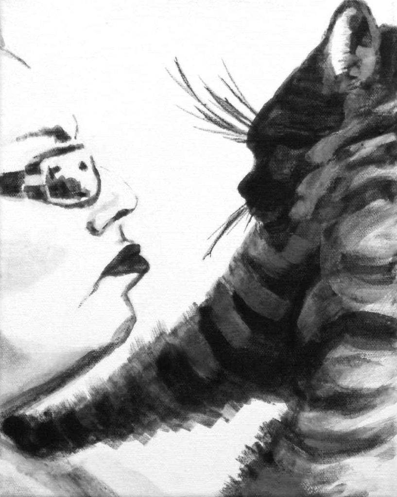intimate high contrast double portrait of a woman's face (white with dark outlines) and a cat face and arm (black and gray stripes) 