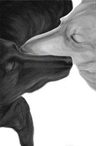 Brother, Dog Studies, high contrast black acrylic painting of two dogs muzzle to muzzle, Elizabeth Lisa Petrulis