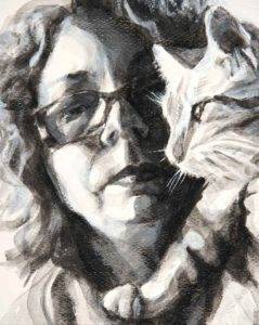 self portrait with cat, high contrast black and white.