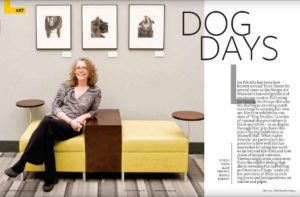 Pages 44 and 45 from Terre Haute Living Magazine, May 2014. Showing text "Dog Days" by Steve Kash, and images, by Jessica Bolton, of Elizabeth Petrulis and her paintings on the walls of Rose-Hulman Institute of Technology.