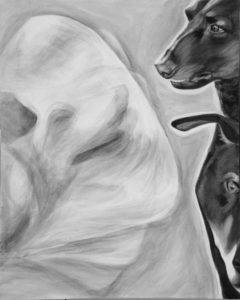 A dog in a translucent medical collar looks ghostly. His two companions in dark profile, counterbalance the composition in this black and white acrylic painting by Elizabeth (Lisa) Petrulis.