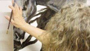 a still from a progress video showing Elizabeth Lisa Petrulis painting "Horse Shadows"