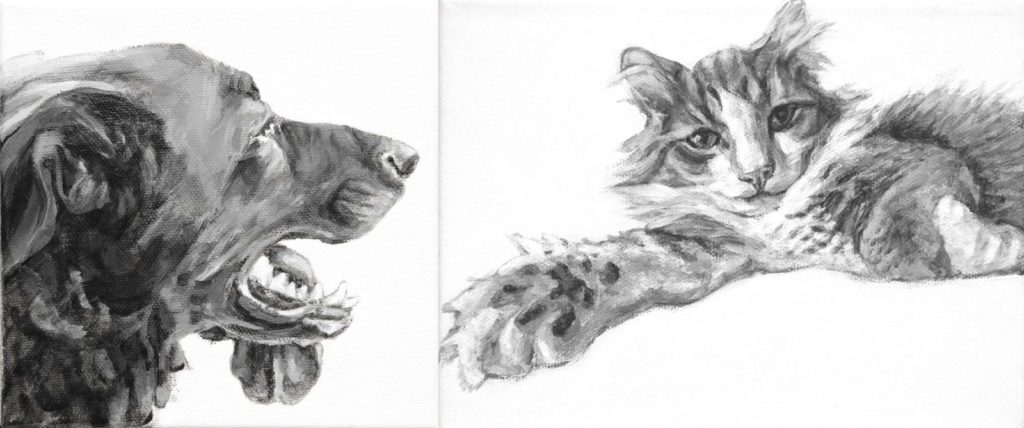 Gallery cover picture for "Tongues and Limbs 2" showing Mookie and Extended Paw, black and white pet portraits by Elizabeth Lisa Petrulis.