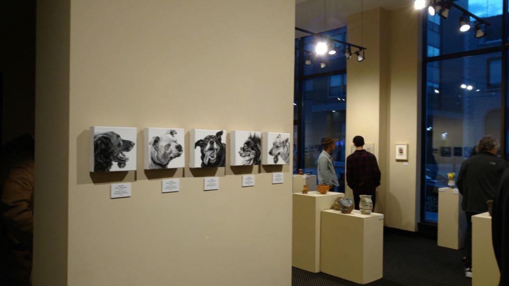 5 Petrulis dog tongue portraits on display in small art 2018 show in the Arts Illiana Gallery in Terre Haute, IN.