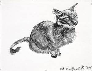 Paint pen drawing of a seated black cat in black white and grey. The cat is seated a three quarter view from the side with the tail curled on the left. Artist Elizabeth Lisa Petrulis.