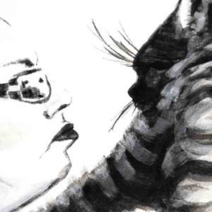 woman and cat face each other in profile, black and white acrylic on canvas, Elizabeth Lisa Petrulis