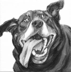 Doug, tongue down, ear up, twists to look in this goofy portrait of a Black Lab/Great Pyrenees mix. Painted by Elizabeth Lisa Petrulis.