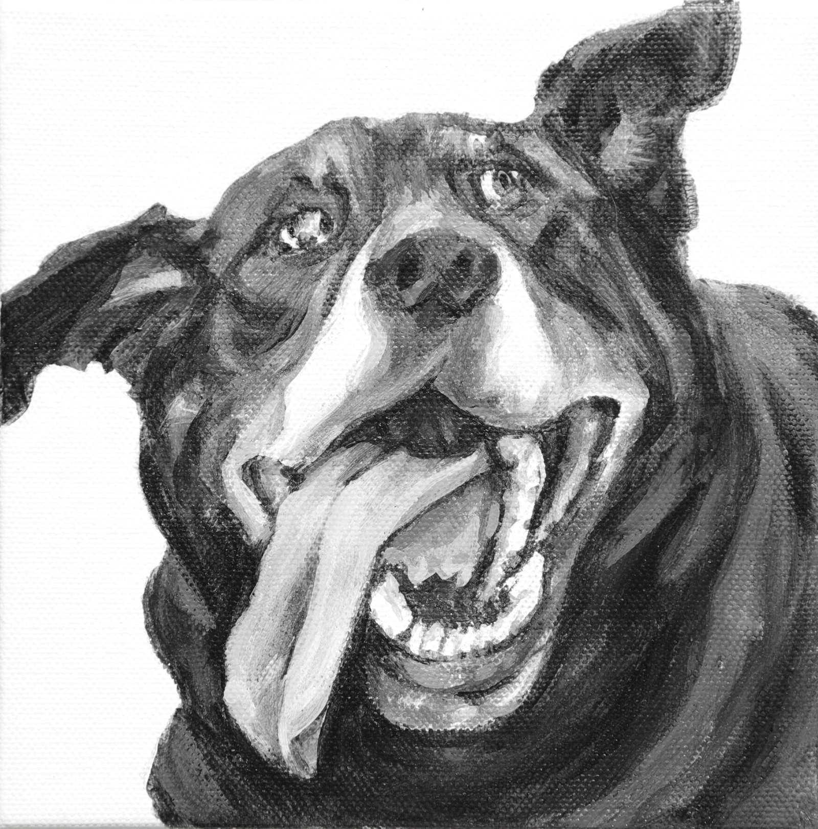 Doug, tongue down, ear up, twists to look in this goofy portrait of a Black Lab/Great Pyrenees mix. Painted by Elizabeth Lisa Petrulis.