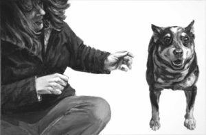 A painted double portrait in black and white featuring Ruby, an Australian Cattle Dog. Ruby faces straight ahead looking at us, as her human, seated cross legged beside her, reaches toward her.