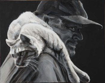 Dual portrait of a man with a cat laying across his shoulders. He smiles, her legs dangle in front as she looks backwards. With a black background and the mans face in shadow, the pale cat stands out.
