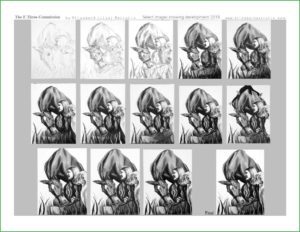 set of images showing the progression of the E3 painting from drawing to final painting