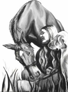 This painted trio in black and white features a standing horse with neck curved over her seated human and dog companions.