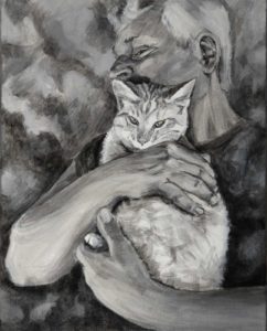 Dual painted portrait in black and white. A pale striped cat in a mans arms against a cloud like background.