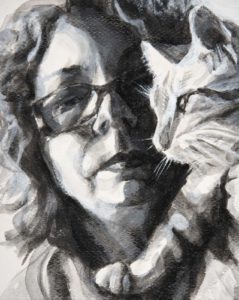 A dual painted portrait of the artist facing forward and her cat in profile. A high contrast black and white acrylic painting.