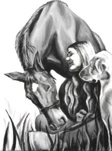 the E3 finished triple portrait by elizabeth lisa petrulis, black and white acrylic on canvas depticting a horse, woman and dog.