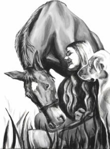 A commissioned portrait, in black and white, of a woman, her horse and dog. The E3, (family portrait series,) 2018, acrylic on canvas, 16” x 12”, Elizabeth Lisa Petrulis