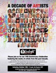 Gaslight Decade of Artists Exhibition postcard, featuring 75 participating artists, in celebration of the 10th anniversary of Gaslight Art Colony, Marshall, IL 2019