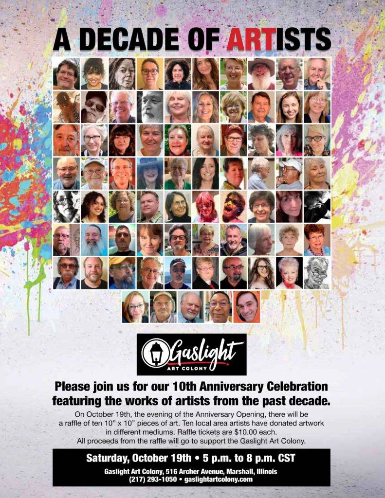 A Decade of Artists exhibition postcard, with images of 75 participation artists, celebrating the 10th Anniversary of Gaslight Art Colony, Marshall, IL, 2019