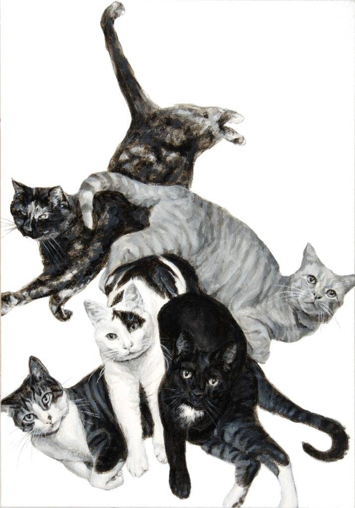 a black and white painting of five cats piled up with limbs and tails extended or curled