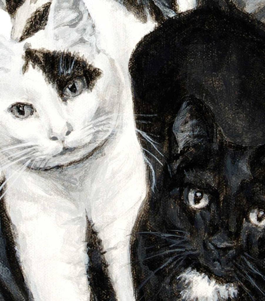 detail of cat painting featuring a white cat with a black patch over one eye and a black cat with a white patch on its chest